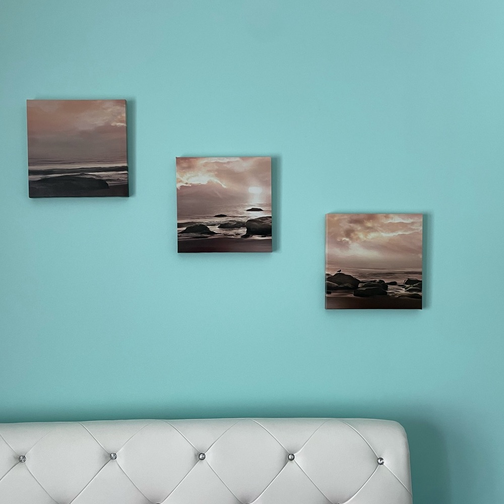 3 piece beach sunset canvases 12" by 12"